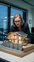 Middle-aged woman architect examining sustainable wooden house model with solar panels in modern office overlooking city skyline at dusk, representing green building design and renewable energy solutions.