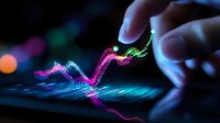 Glowing financial chart with neon pink and blue gradient lines on dark background showing market data analysis with finger touching display surface.