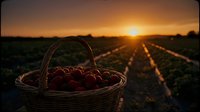 Wicker basket filled with fresh red apples in agricultural field during golden hour sunset. Harvest season concept for organic farming and countryside lifestyle.