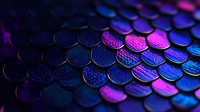Metallic scales in vibrant neon blue and pink colors create mesmerizing pattern with textured surface. Close-up macro photography reveals intricate hexagonal details.