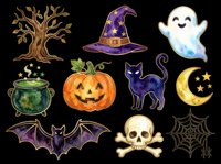 Halloween spooky collection featuring isolated witch hat, ghost, pumpkin, black cat, bat, cauldron, skull, moon, web, and tree on transparent background. Ready for t-shirts, stickers, clipart, and print-on-demand designs.