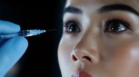 Young Asian woman receiving cosmetic injection treatment near eyes, close-up view with blue medical gloves and syringe against dark background.