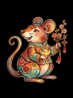 Festive Chinese zodiac rat in traditional outfit holding gold ingot and cherry blossom branch, isolated on transparent background, for stickers, t-shirts, print on demand.