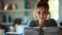 Young Caucasian woman with messy bun hairstyle smiling while working with stack of papers at desk, home office setting with soft natural lighting and blurred background.