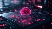 Glowing pink neural network brain hologram floating over computer circuit board with digital particles and data visualization elements in dark tech environment.