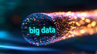 Glowing big data text surrounded by luminous particle stream effect against dark background, representing digital transformation and data flow in technology.