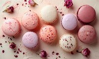 Delicate French macarons in pastel pink, white, and lavender shades decorated with rose petals and crumbs on light beige background, sweet dessert composition.