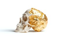 Human skull with golden crystal formation extending from cranium, isolated on white background for luxury art concept or medical design.