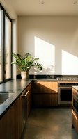 Modern kitchen with wooden cabinetry, dark countertops, and stainless steel appliances. Bright natural light streams through large windows, illuminating potted green plant on counter. Minimalist interior design for home renovation and real estate.