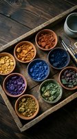 Assorted pigment powders in earthy and vibrant hues arranged in ceramic bowls on rustic wooden tray, ideal for art, cosmetics, and craft projects.