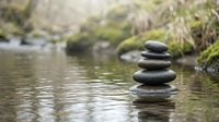 Zen stone stack balanced on calm water surface with natural forest stream background creating peaceful meditation atmosphere for wellness concepts.