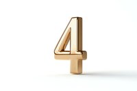 Golden metallic number four on white background, isolated mathematical digit symbol with reflective surface and soft shadow for design projects.
