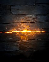 Glowing orange light emerging through dark stone wall crack, creating dramatic contrast between rough textured slate surface and bright illumination. Mystical atmosphere.