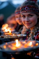 Young Caucasian woman in traditional folk headband and braided hair smiling while holding ceremonial plate with burning candles during evening spiritual celebration outdoors.