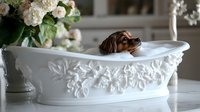 Dachshund puppy relaxing in decorative white ceramic bathtub with floral relief pattern, next to fresh rose bouquet on marble counter. Luxurious pet spa concept.