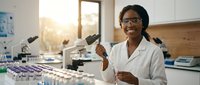 Young Black female scientist in white lab coat smiling while using microscope in modern laboratory with equipment and natural light from window.
