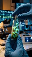 Scientist in blue gloves holding glass vial with glowing green substance in modern genetics laboratory with DNA sequence data on computer screen.