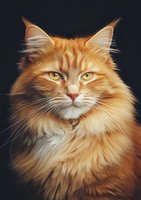 Majestic ginger Maine Coon cat with long fluffy fur and intense amber eyes poses against dark background, showcasing regal feline expression and luxurious coat.