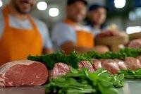 Fresh raw meat cuts and green herbs on stainless steel counter with butchers in orange aprons working in background, selective focus on foreground meat display.