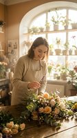 Young Caucasian female florist arranging fresh flower bouquet in cozy workshop studio with natural sunlight streaming through arched window creating warm atmosphere.