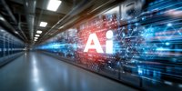 Futuristic AI letters glowing on technology wall with digital network connections and flowing data streams in modern corridor with motion blur effect.