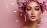Young woman with pink floral crown and crystal earrings on pink background with glitter stars. Glamorous makeup features pink eyeshadow and glossy lips. Fantasy beauty portrait.