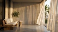 Serene modern interior with flowing linen curtains, wooden bench seating, potted plants, and warm natural light creating a minimalist, tranquil living space for contemporary home design projects.