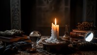 Mystical fortune telling setup with burning candle, crystal ball, ancient books and magical artifacts on wooden table creating atmospheric divination scene.