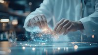 Scientist hands manipulating glowing digital particles above laboratory table, creating futuristic holographic visualization in blue tones. Medical research concept.