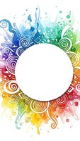 Colorful watercolor splash frame with swirls and geometric shapes around white circle for text space and creative design projects.