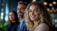 Young professional woman with curly blonde hair smiling confidently in office setting with coworkers in background, representing success and teamwork in corporate environment.
