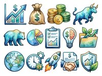 Financial growth chart with upward arrow, money bag with dollar sign, stacked gold coins, bull market symbol, bear market symbol, pie chart, clipboard with graph, lightbulb with dollar sign, plant in pot, globe, clock with gears, rocket ship, document with dollar sign, and shield with growth chart. Isolated clipart icons for business, finance, investment, and economic concepts. Ready for web design, presentations, and marketing materials.
