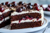 Chocolate cherry layer cake with cream cheese frosting, topped with fresh cherries and chocolate shavings on white plate, close up view of slice showing moist texture.
