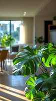 Monstera deliciosa plant with large green split leaves in modern living room interior, sunlight creating natural bokeh effect through window, cozy home atmosphere.