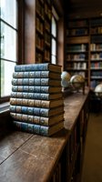 Stack of antique leather-bound books on wooden windowsill in classic library with shelves and globe, perfect for education, literature, and academic design projects.