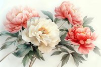 Delicate coral and cream peonies with sage green leaves in soft watercolor style arrangement on light background, suitable for wedding stationery and home decor.