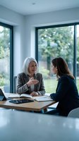 Senior woman with white hair in gray blazer and younger woman in dark blazer having business discussion at wooden table in bright office with large windows overlooking garden.