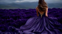 Young woman in flowing purple gown standing in lavender field at dusk, back turned to camera, long brown hair, dramatic evening atmosphere with mountains in background.