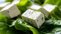 Fresh cubes of white feta cheese on green spinach leaves with water drops, close up view. Healthy Mediterranean cuisine and fresh ingredients.