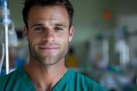 Confident male doctor in green scrubs smiling warmly in modern hospital setting with medical equipment in background for healthcare marketing.