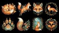 Cute fox character collection with floral ornaments, isolated on transparent background. Ready for t-shirt design, clipart, stickers, sublimation, print-on-demand products and digital crafts.