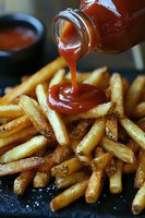 Pouring red ketchup sauce from glass bottle onto crispy golden french fries, close-up view showing texture and appetizing details on dark background.