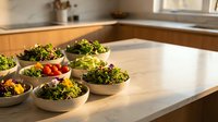 Fresh mixed green salads with cherry tomatoes arranged in white bowls on wooden kitchen counter. Healthy meal prep concept for restaurants and cafes.