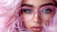 Young woman with pink hair and glasses looking directly at camera, soft pink tones, close up beauty portrait with dreamy ethereal lighting and flawless makeup.