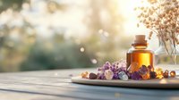 Amber glass bottle with essential oil surrounded by healing crystals and dried flowers on wooden surface against soft bokeh background in morning light.