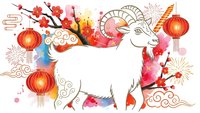 White goat with horns surrounded by red lanterns, cherry blossoms and traditional Asian decorative elements for lunar new year celebration.