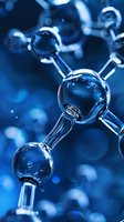 Molecular structure in deep blue tones showing glass-like spheres connected by rods, representing scientific research and chemical bonds. Macro photography with bokeh effect.
