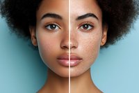 Young African American woman's face split showing skin texture comparison - before and after beauty treatment against blue background. Natural makeup look.