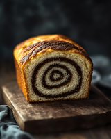 Freshly baked chocolate swirl bread loaf on wooden cutting board showcasing spiral pattern and golden crust for bakery and homemade baking concepts.