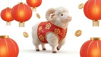 Cute sheep character wearing red festive garment with gold accents, surrounded by glowing red lanterns and coins on white background. Isolated design element suitable for holiday greeting cards, children's illustrations, and seasonal marketing materials.